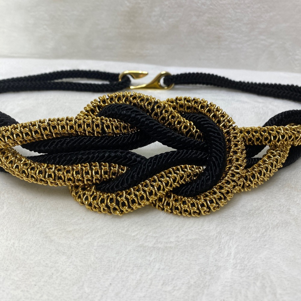 VTG Chunky Braided Black Gold Tone Cord Knotted Statement Retro Belt Women *See